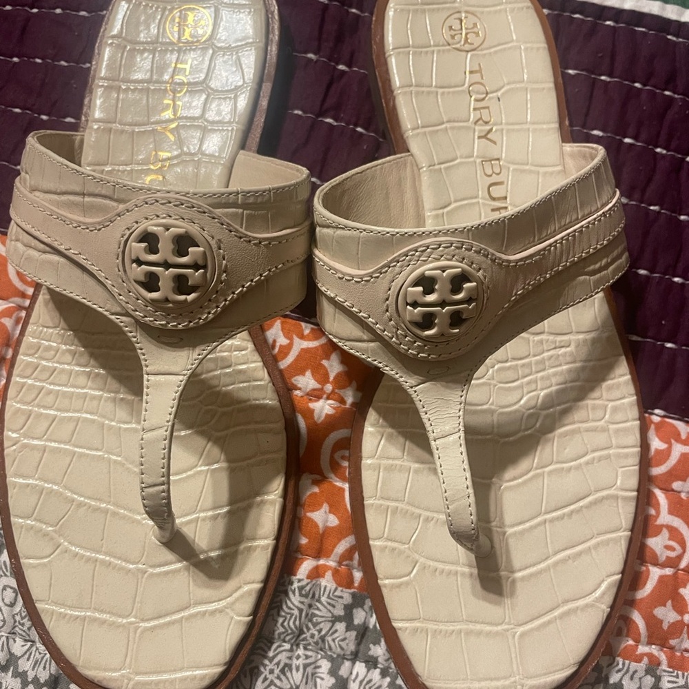 Tory Burch Beige Croc-Embossed Sandals